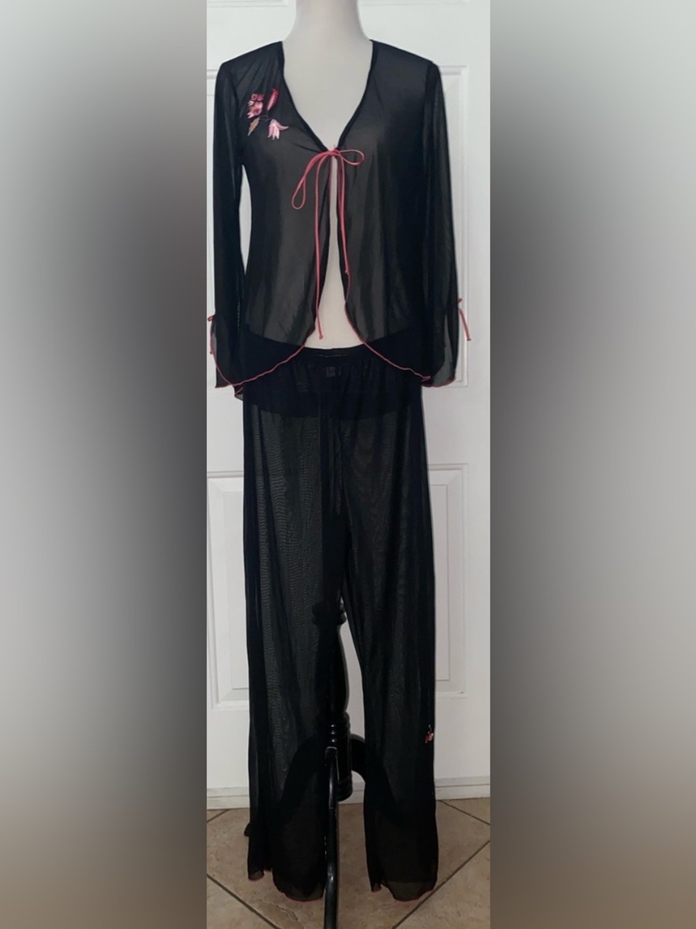Frederick's of Hollywood Sheer Mesh Set Black Embroidered Tie Detail pull on S